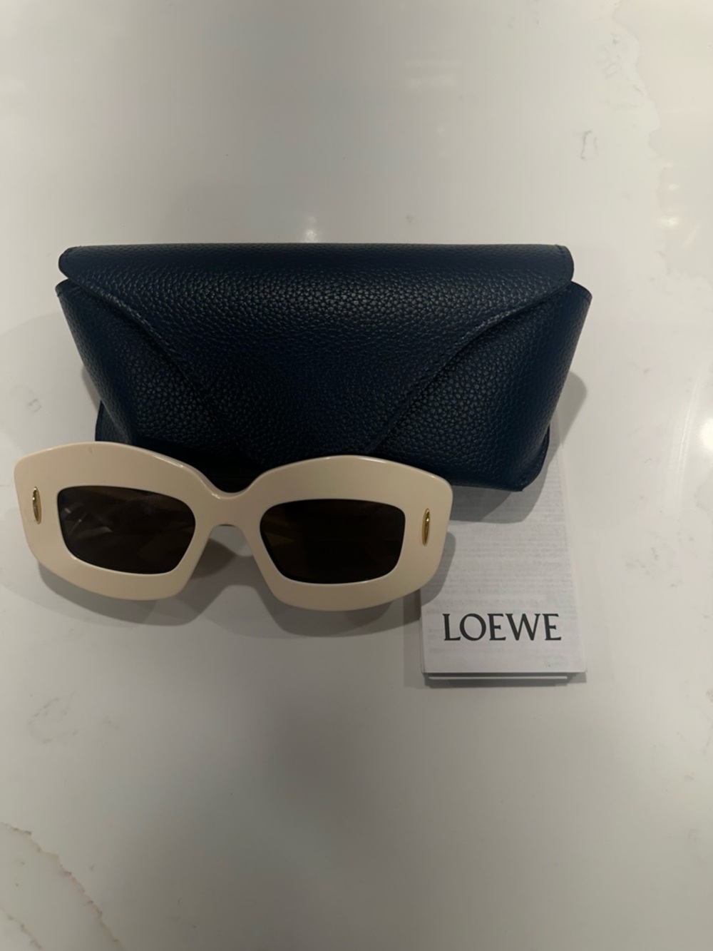 Loewe Cream Rectangular Sunglasses with Navy Case
